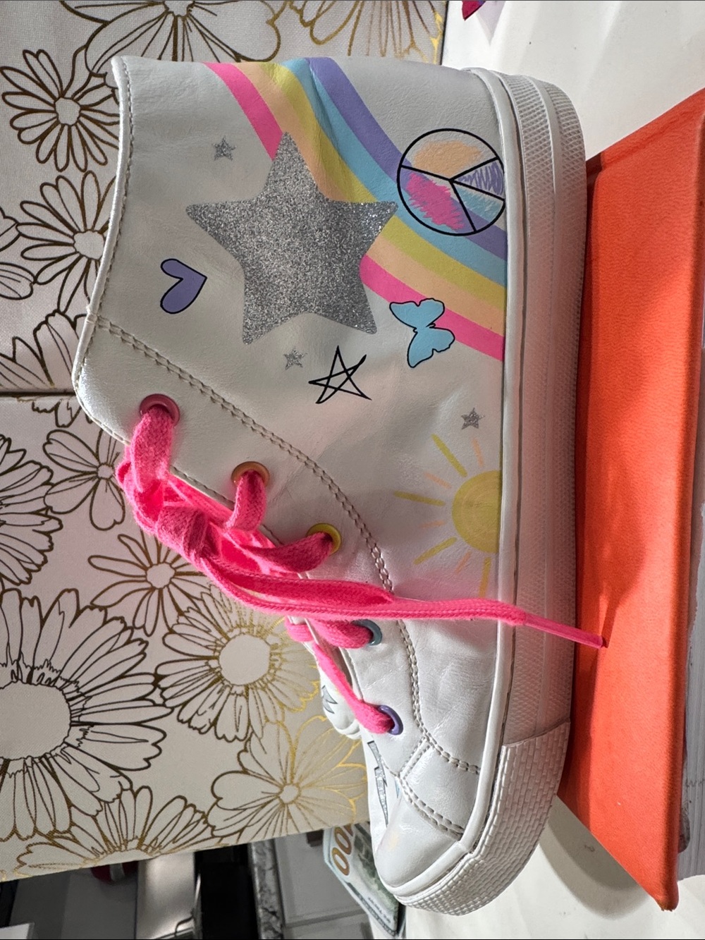 White High-Top Sneaker with Rainbow, Glitter Star & Pink Laces